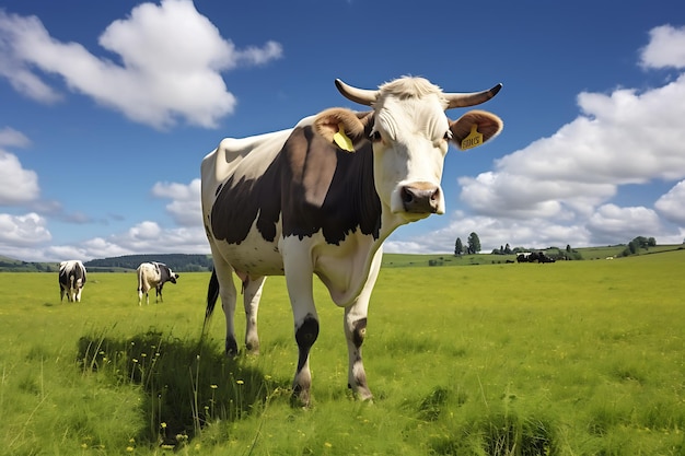 Cattle being focused on camera in the grass meadow on sunny day