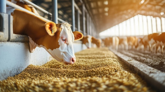 Photo cattle feeding in a modern automated dairy farm no people with copy space