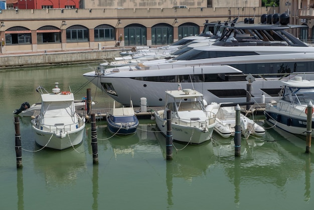 Cattolica Italy 2022 Small boats docked in the port in Roman Emilia