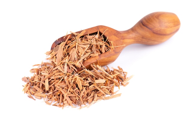 Catuaba bark in wooden spoon isolated on white background Trichilia catigua bark Chuchuhuasha Tatuaba Pau de Reposta Piratancara and Caramuru