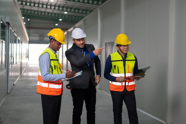 Caucacian manager talking with asian worker in factory