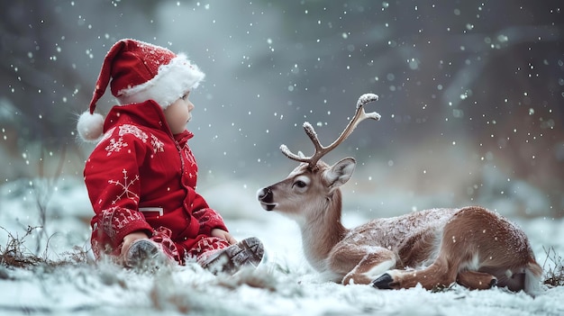 Caucasian baby in red Santa suit sitting next to a young reindeer in a snowy forest Concept of winter holiday Christmas season childhood wonder