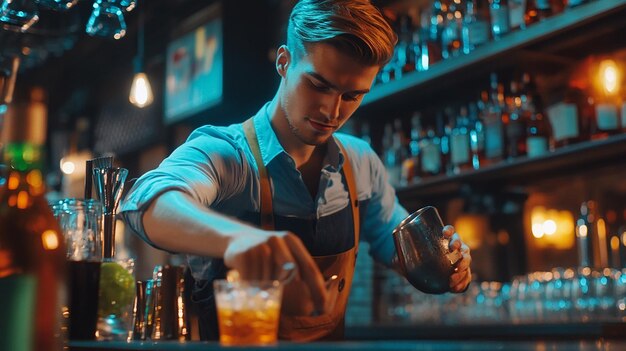 Photo caucasian bartender making a cocktail for customer