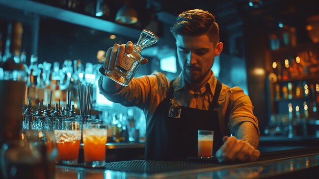 Photo caucasian bartender making a cocktail for customer