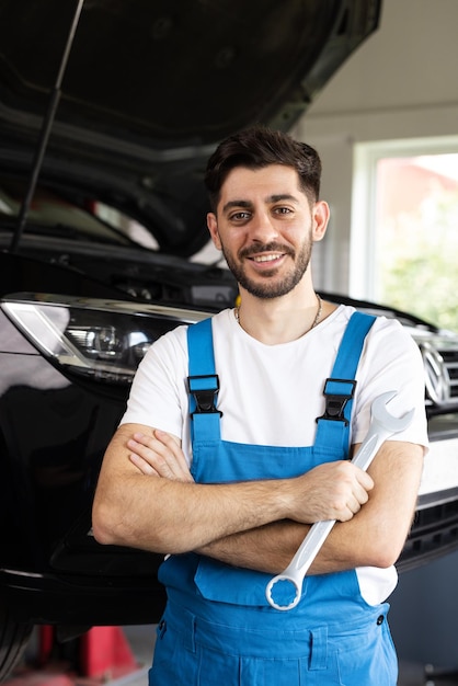 Caucasian bearded man in blue coveralls holds spanner smiling and looking into camera male car