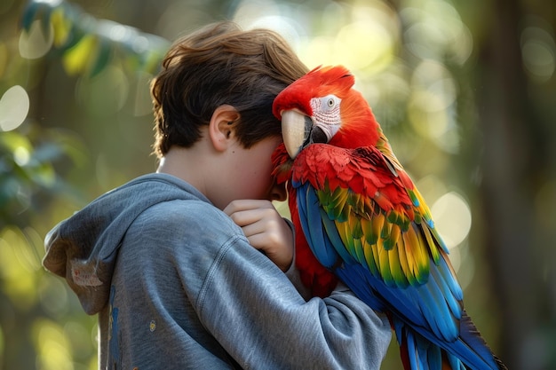 Photo caucasian boy interacting with a colorful parrot in a sunlit forest concept of child with pet nature friendship outdoor bonding