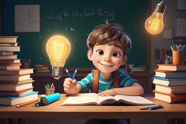 Caucasian boy is doing homework sitting in front of a desk covered by books