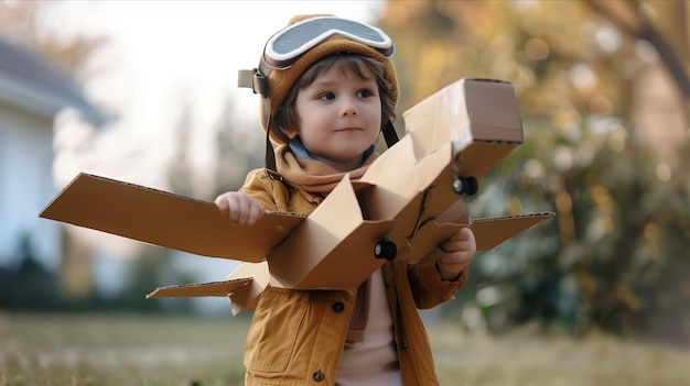 Photo caucasian boy playing with airplane made of cardboard in the park