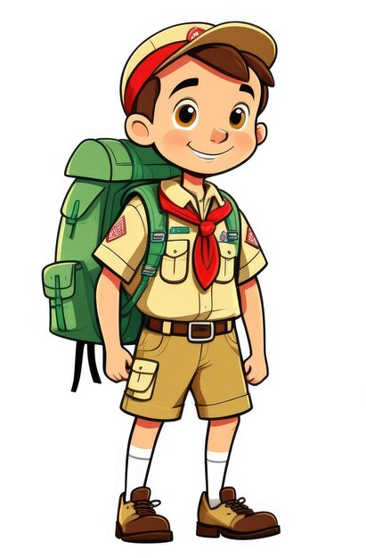 Photo caucasian boy scout in shorts hat uniform with backpack ready for hiking colorful illustration