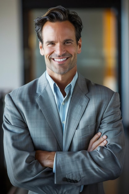 a Caucasian businessman radiating confidence and happiness in his portrait aligned with his firms