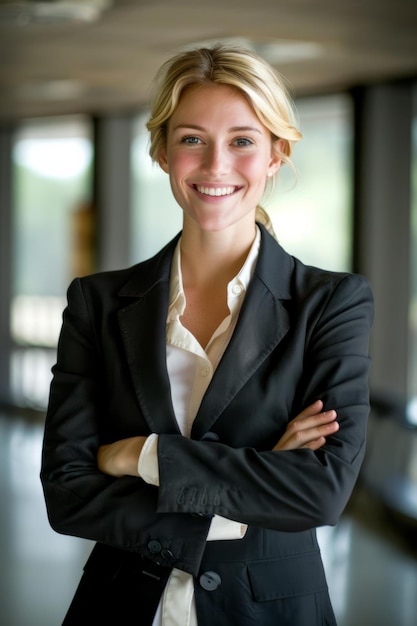 a Caucasian businesswoman radiating confidence and happiness in her portrait aligned with her