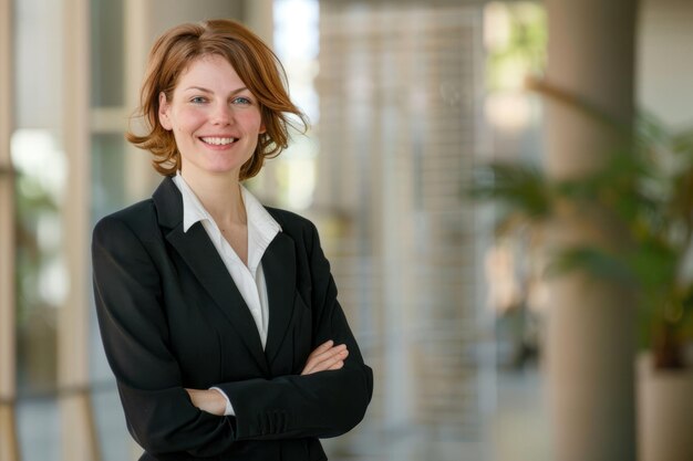 a Caucasian businesswoman standing tall beaming with pride and happiness in her role