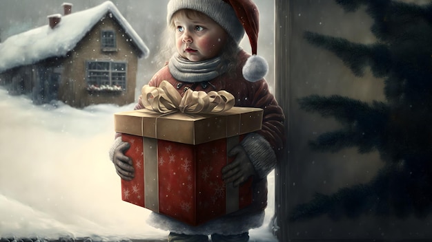 Caucasian child holding a big wrapped gift box in open house entrance doorway neural network generated art