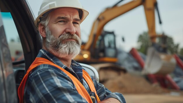 Photo caucasian construction site supervisor in his 40s staying next to his pickup truck e generative ai