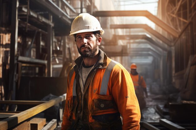 Caucasian construction worker in hard hat working in factory created using generative ai technology