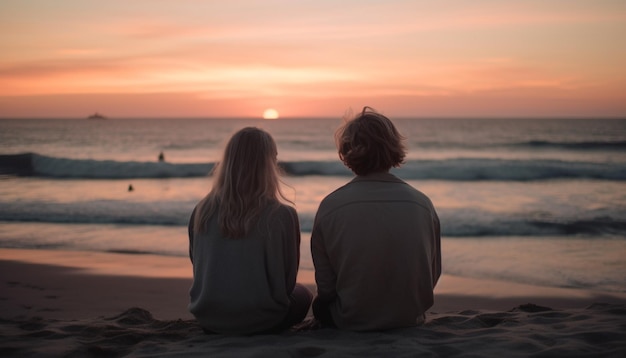 Caucasian couple embracing watching the sunset together generated by AI