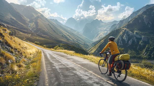 Photo a caucasian cyclist embarks on a solo bike adventure through mountainous terrain during the summer months surrounded by picturesque mountain scenery