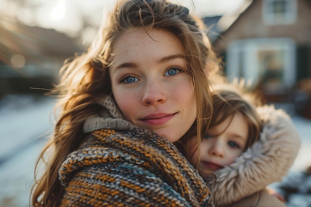 Caucasian daughter hugging mother in front of her house