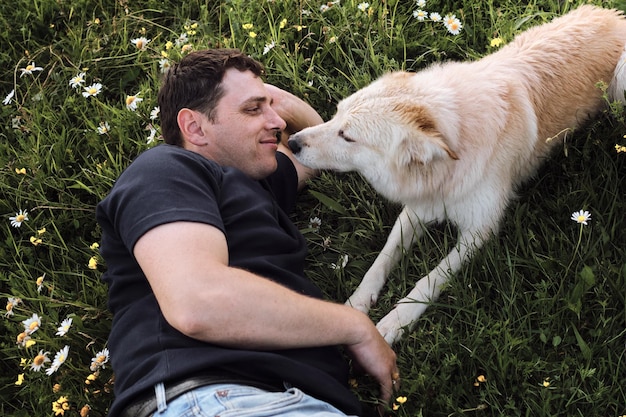 Caucasian European man lies in chamomile field and kisses large white fluffy dog