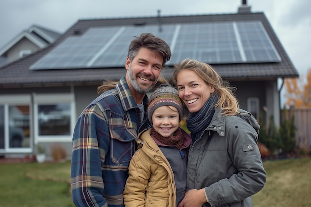 A Caucasian family hugs in front of a house powered by solar panels