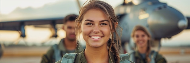 Caucasian female airman smiling with confidence at fighter jet parking lot