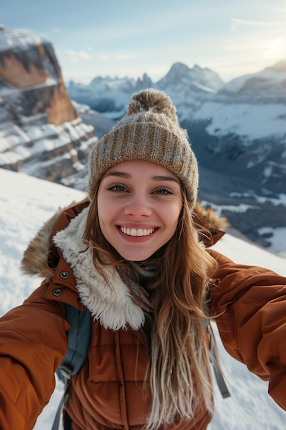 Caucasian female backpacker with arms outstretched standing on snowy mountain