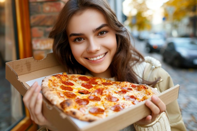 Caucasian female holding delicious pizza slice eating takeaway food delivery