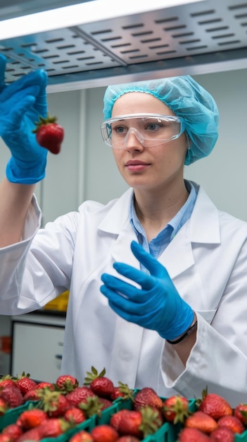 Photo caucasian female scientist looking at strawberries in her research lab quality inspection