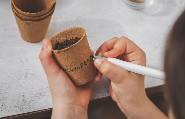 Caucasian girl in a cardboard cup with a handwritten inscription cucumbers