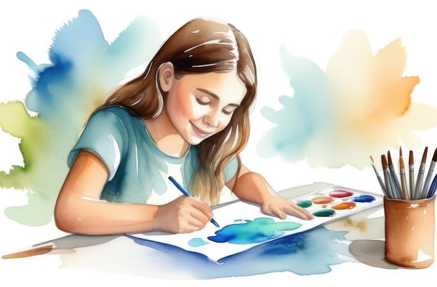 caucasian girl drawing in album at table watercolor illustration creative hobby doing homework