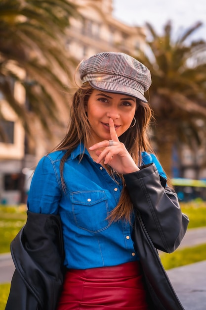 Caucasian girl sitting in a denim shirt a beret and a red short skirt sitting