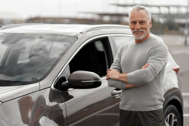 Caucasian grayhaired elderly man driver smiles at camera rejoices at his newly bought luxury car