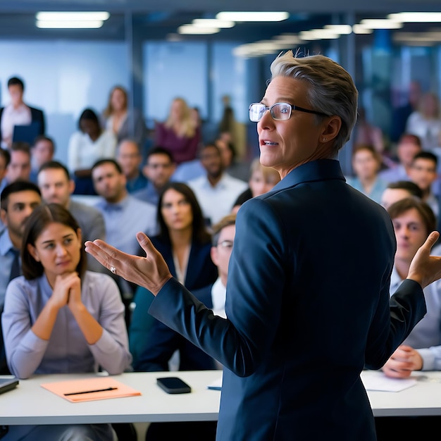 Photo caucasian leader in eyeglasses coaches business people giving educational workshops in the office