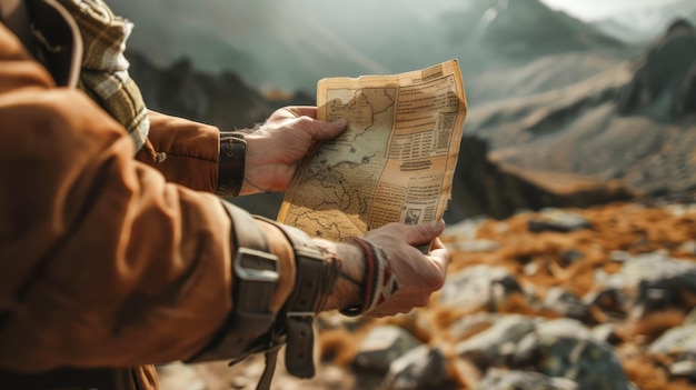 Photo caucasian male adventurer consulting a vintage map in rugged mountains man exploring with an old map concept of adventure exploration travel and navigating natural landscapes