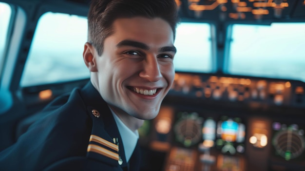 Photo caucasian male airplane captain wearing uniform in cockpit