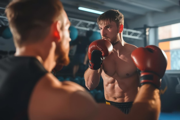 Photo caucasian male boxers practicing in a gym working hard on new boxing sequences sweating hard with