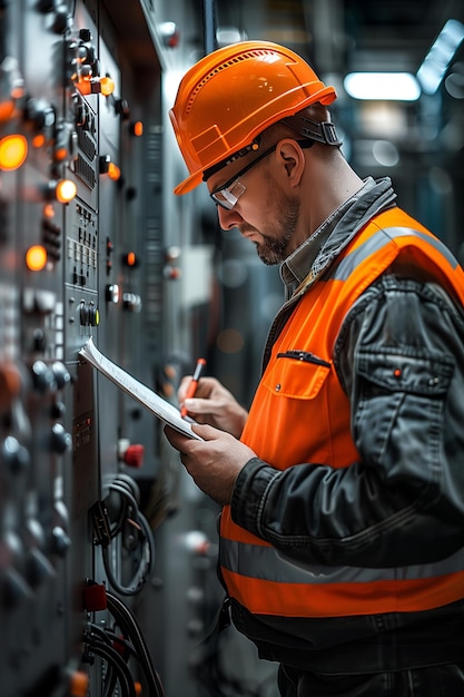 Photo caucasian male electrician checking factory control panel