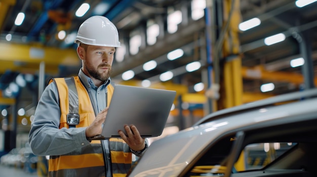 Caucasian male engineer wearing safety helmet and vest holding laptop and looking part number from product box at automobile factory