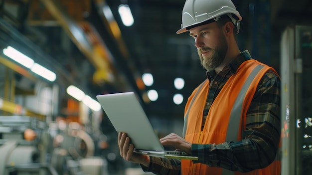 Caucasian male engineer wearing safety helmet and vest holding laptop and looking part number from product box at automobile factory