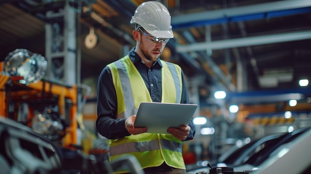 Caucasian male engineer wearing safety helmet and vest holding laptop and looking part number from product box at automobile factory