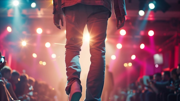 Caucasian male model in fashion clothes walks on the catwalk