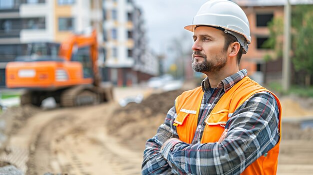 Photo caucasian male real estate investor civil engineer talking on construction site