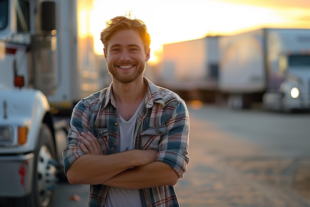 Caucasian male truck driver smiles confidently next to his vehicle