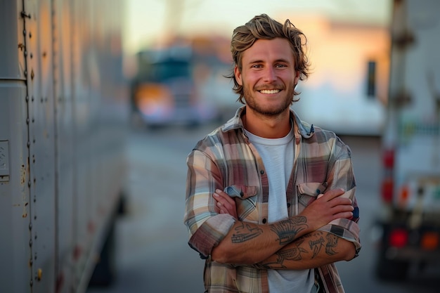 Caucasian male truck driver smiles confidently next to his vehicle