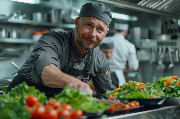 Caucasian man in chef uniform cooking vegetarian food in restaurant kitchen