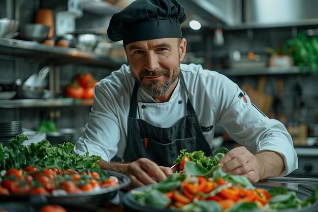 Caucasian man in chef uniform cooking vegetarian food in restaurant kitchen