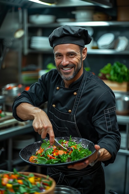 Caucasian man in chef uniform cooking vegetarian food in restaurant kitchen