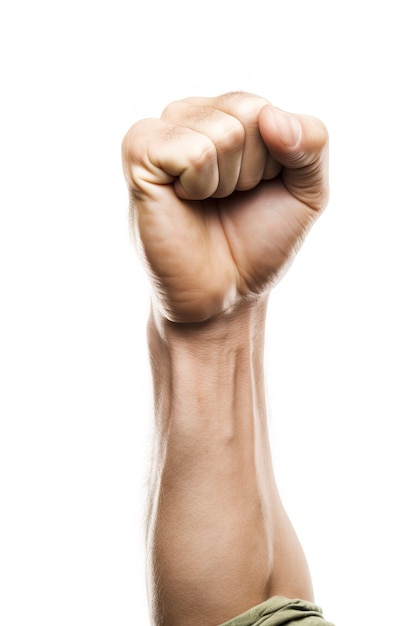 Caucasian man clenched fist in protest sign isolated on white background