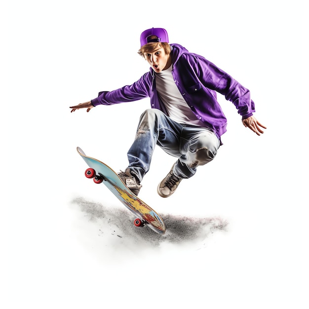 A caucasian man doing tricks or jumping on a skateboard at the street Young man with skater jumping