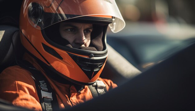 Photo caucasian man driving motorcycle with sports helmet generated by ai